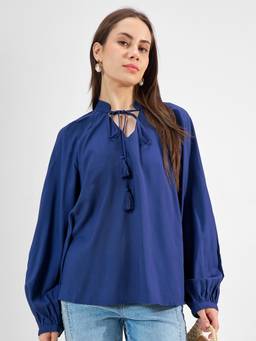 TOKYO TALKIES - Blue Viscose Rayon Tie Up Neck Solid/Plain Regular Fit Top