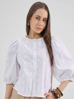 TOKYO TALKIES - White Pure Cotton Round Neck Embroidered Regular Fit Top