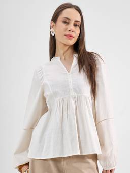 TOKYO TALKIES - White Cotton Blend Mandarin Neck Solid/Plain Regular Fit Top
