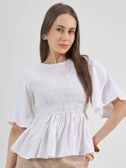TOKYO TALKIES - White Viscose Rayon Round Neck Solid/Plain Regular Fit Top
