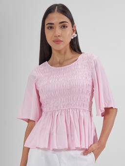 TOKYO TALKIES - Pink Viscose Rayon Round Neck Solid/Plain Regular Fit Top