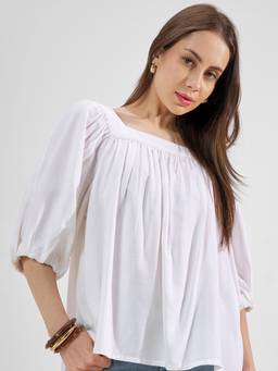 TOKYO TALKIES - White Viscose Rayon Square Neck Solid/Plain Regular Fit Top