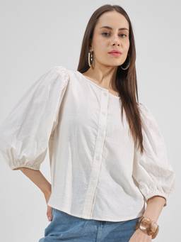 TOKYO TALKIES - White Cotton Blend Round Neck Solid/Plain Regular Fit Top
