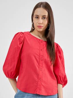 TOKYO TALKIES - Red Cotton Blend Round Neck Solid/Plain Regular Fit Top