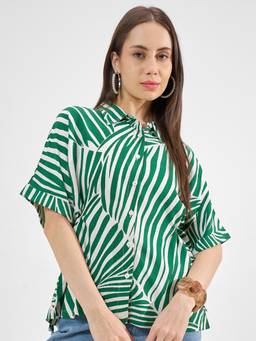 TOKYO TALKIES - Green Viscose Rayon Collar Neck Printed Regular Fit Top