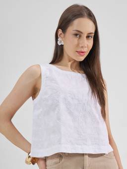 TOKYO TALKIES - White Pure Cotton Round Neck Embroidered Regular Fit Top
