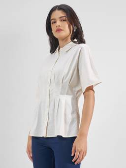TOKYO TALKIES - White Cotton Blend Collar Neck Solid/Plain Regular Fit Top