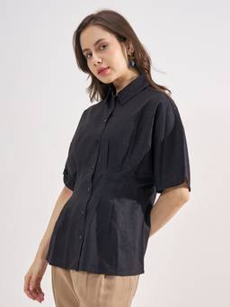 TOKYO TALKIES - Black Cotton Blend Collar Neck Solid/Plain Regular Fit Top