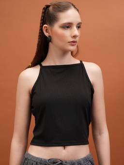 TOKYO TALKIES - Black Polyester Blend Shoulder Straps Solid/Plain Slim Fit Crop Top