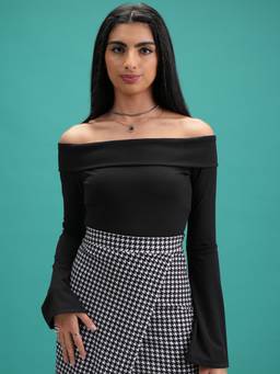 TOKYO TALKIES - Black Polyester Blend Off Shoulder Solid/Plain Slim Fit Top