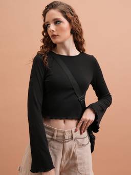 TOKYO TALKIES - Black Polyester Blend Round Neck Solid/Plain Slim Fit Crop Top