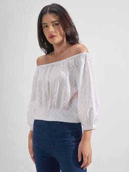 TOKYO TALKIES - White Polyester Blend Off Shoulder Embroidered Regular Fit Top