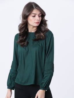 TOKYO TALKIES - Green Viscose Rayon Round Neck Solid/Plain Regular Fit Top