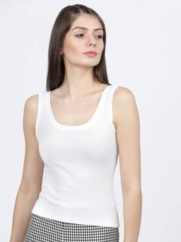 TOKYO TALKIES - White Cotton Blend Scoop Neck Solid/Plain Regular Fit Tank Top
