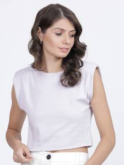 TOKYO TALKIES - Lavender Cotton Blend Round Neck Solid/Plain Regular Fit Crop Top