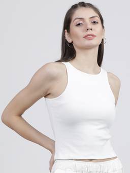 TOKYO TALKIES - White Cotton Blend Round Neck Solid/Plain Regular Fit Crop Top