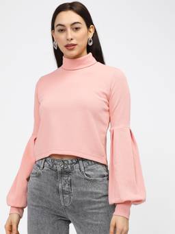TOKYO TALKIES - Pink Polyester Blend High Neck Solid/Plain Regular Fit Top