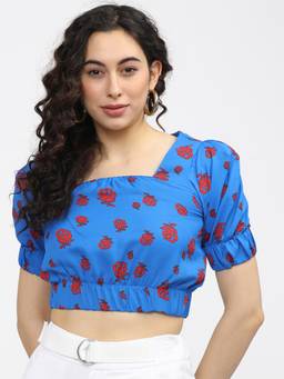 TOKYO TALKIES - Blue Polyester Square Neck Floral Regular Fit Crop Top
