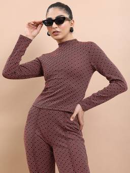 TOKYO TALKIES - Rust Jacquard High Neck Printed Regular Fit Top