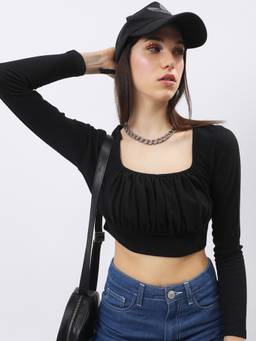 TOKYO TALKIES - Black Polyester Blend Square Neck Solid/Plain Regular Fit Crop Top