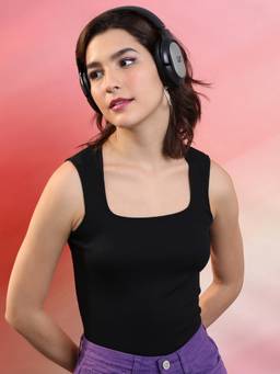 TOKYO TALKIES - Black Polyester Blend Square Neck Solid/Plain Regular Fit Tank Top