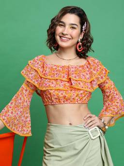 TOKYO TALKIES - Orange Polyester Square Neck Printed Regular Fit Crop Top