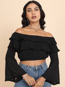 TOKYO TALKIES - Black Polyester Off Shoulder Self Design Regular Fit Crop Top