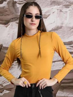 TOKYO TALKIES - Yellow Polyester Blend High Neck Solid/Plain Slim Fit Top
