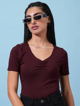 TOKYO TALKIES - Burgundy Polyester Blend V-Neck Solid/Plain Regular Fit Top