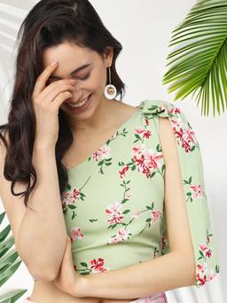 TOKYO TALKIES - Green Polyester One Shoulder Floral Regular Fit Crop Top
