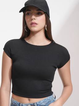 TOKYO TALKIES - Black Cotton Blend Round Neck Solid/Plain Slim Fit Crop Top
