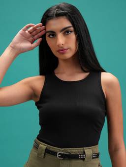 TOKYO TALKIES - Black Polyester Blend Round Neck Solid/Plain Slim Fit Tank Top