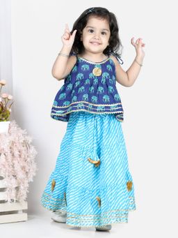 BownBee - Girls Hathi Print Pure Cotton Top Leheriya Lehenga For Girls-blue (Set of 2)