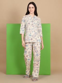 Sweet Dreams - Women Off White Floral Print Kurti & Pyjama (Set of 2)