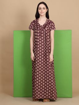 Sweet Dreams - Women Wine Printed Full Length Nightdress