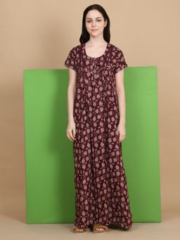 Sweet Dreams - Women Wine Printed Full Length Nightdress