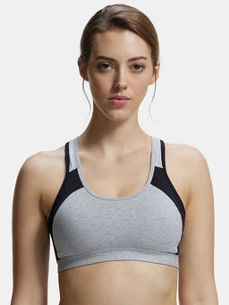Jockey - 1380 Wirefree Padded Cotton Elastane Active Bra - Light Grey and Black (3XL)