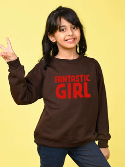 Nusyl - Girls Brown Fantastic Girl Text Printed Round Neck Oversized Sweatshirt