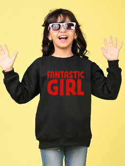Nusyl - Girls Black Fantastic Girl Text Printed Round Neck Oversized Sweatshirt