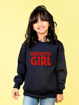 Nusyl - Girls Navy Blue Fantastic Girl Text Printed Round Neck Oversized Sweatshirt