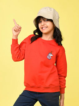 Nusyl - Girls Red Unicorn Printed Round Neck Oversized Sweatshirt