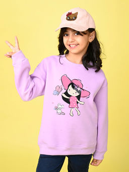 Nusyl - Girls Lilac Cute Girl Printed Round Neck Oversized Sweatshirt