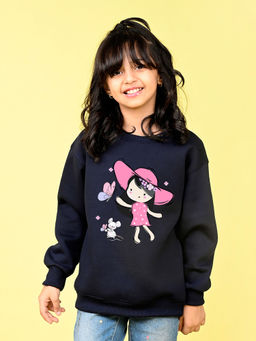 Nusyl - Girls Navy Blue Cute Girl Printed Round Neck Oversized Sweatshirt