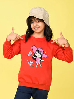 Nusyl - Girls Red Cute Girl Printed Round Neck Oversized Sweatshirt