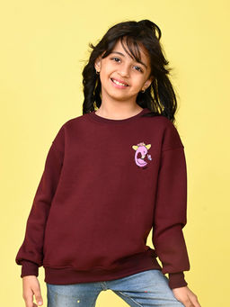 Nusyl - Girls Burgundy Flamingo Printed Round Neck Oversized Sweatshirt