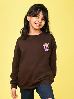 Nusyl - Girls Brown Flamingo Printed Round Neck Oversized Sweatshirt