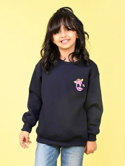 Nusyl - Girls Navy Blue Flamingo Printed Round Neck Oversized Sweatshirt