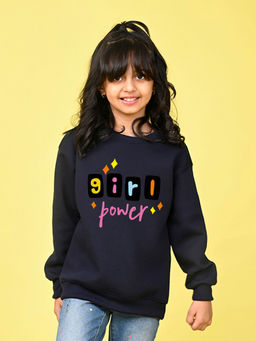 Nusyl - Girls Navy Blue Girl Power Text Printed Round Neck Oversized Sweatshirt