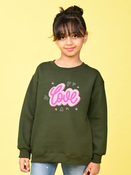 Nusyl - Girls Olive Love Text Printed Round Neck Oversized Sweatshirt