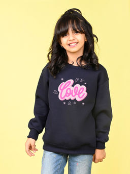 Nusyl - Girls Navy Blue Love Text Printed Round Neck Oversized Sweatshirt